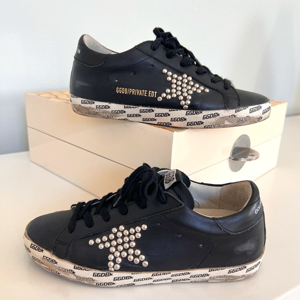 Golden Goose Superstar Sneakers black leather with metal stud stars size 5 or 35